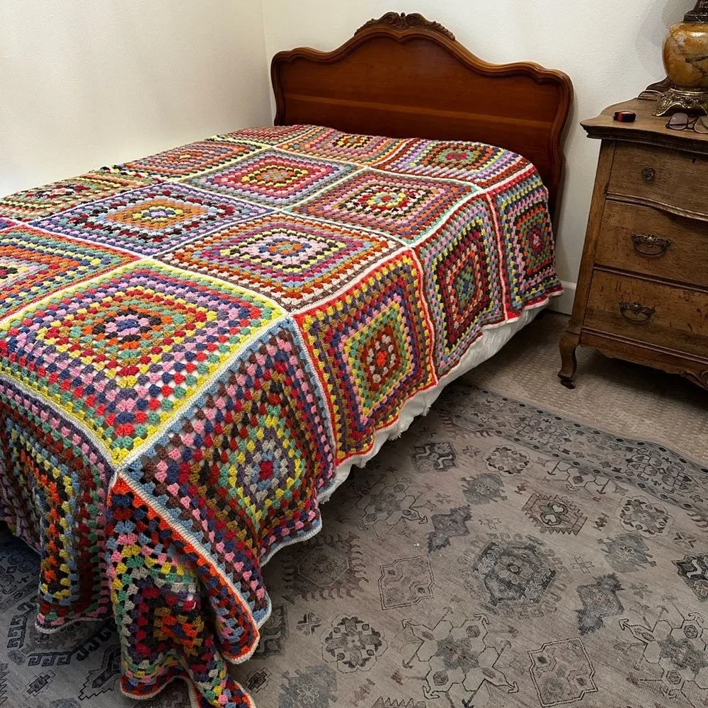 VTG Crochet Granny Square Blanket Handmade Afghan Boho Cottagecore Full Retro